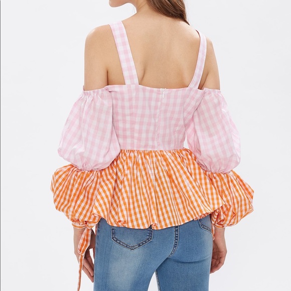 Open Shoulder Puff Sleeve Mixed Gingham Peplum Top - Picture 3 of 4